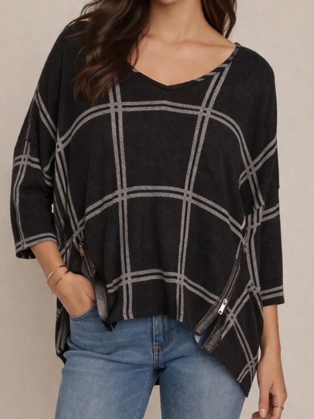 AMS Pure Black and Gray Plaid Sweater